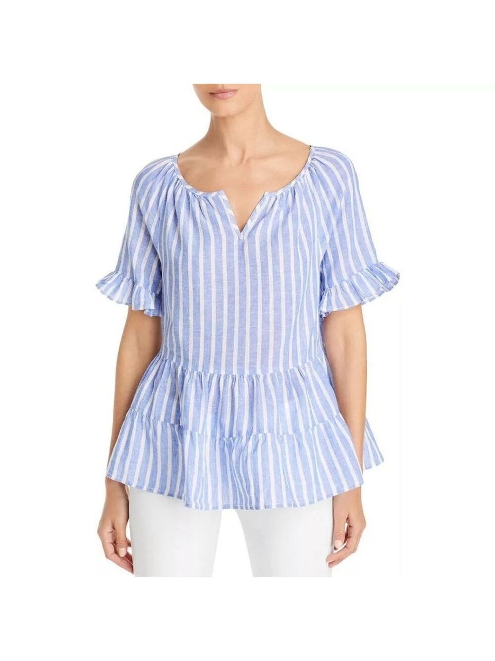 Beach Lunch Lounge Women's Akia Linen Striped Blouse Peplum Top Shirt XS